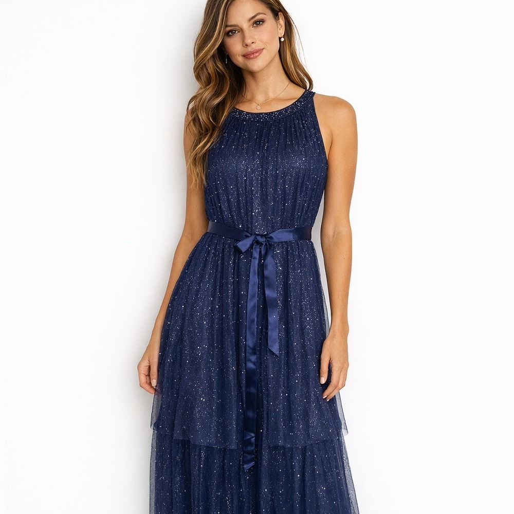 Candalite Navy Blue Glitter Tulle Tiered Maxi Dress Halter Neck Formal Gown M